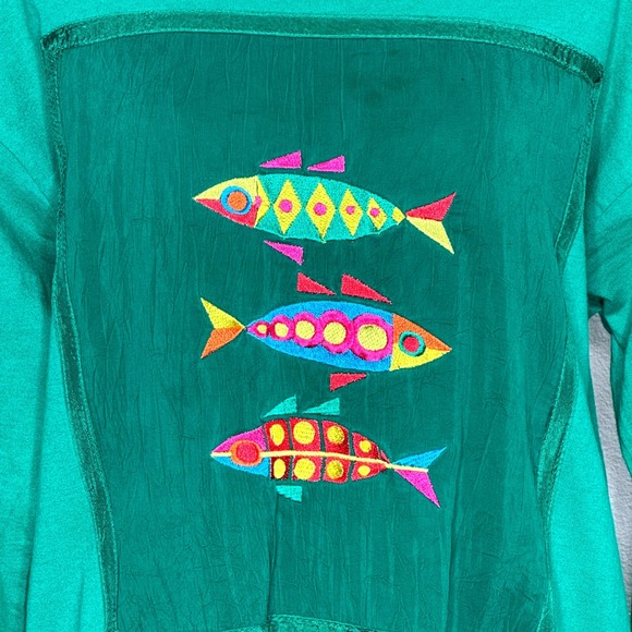 JOHNNY WAS T-Shirt Maxi Dress MED Long Sleeve Embroidered Fish Kelly Green - Picture 4 of 12